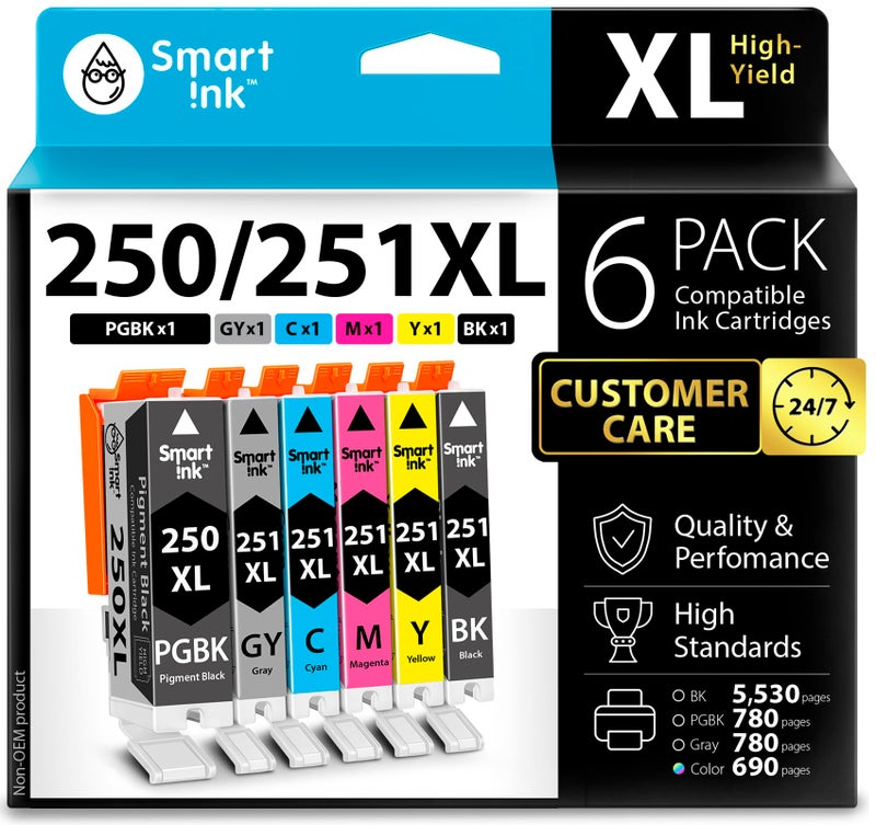 Smart Ink Compatible Ink Cartridges Replacement for Canon PGI-250XL CLI-251XL PGI 250 PGBK CLI 251 (1 PGBK and 1 Black/Cyan/Magenta/Yellow/Gray) 6 Combo Pack for PIXMA iP8720 MG6320 MG7120 MG7520 - Image 1